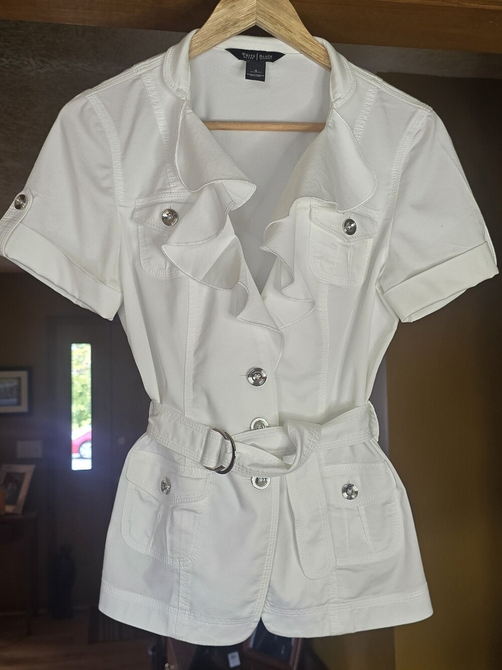 WHBM White House Black Market Ruffled Collar Belted Suit Jacket 4 Short Sleeve